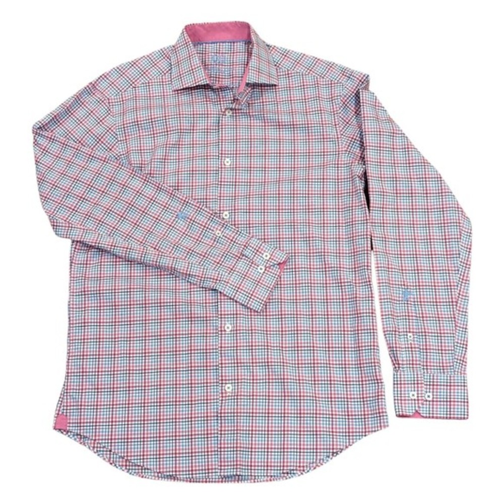 Men's Italian Bugatchi Long Sleeve Plaid Dress Button Down Blue- 15 1/2,‎ 34/35